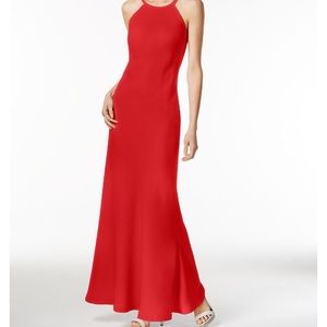 calvin klein open-back halter gown